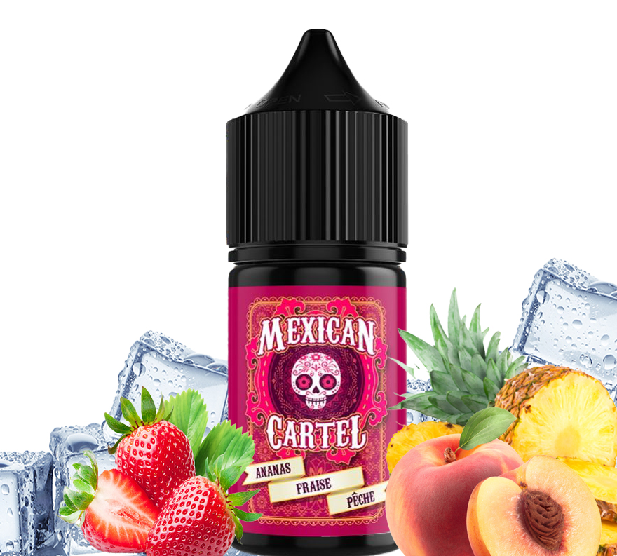 Flacon 10 ml de concentré ananas-fraise-pêche avec ses fruits.